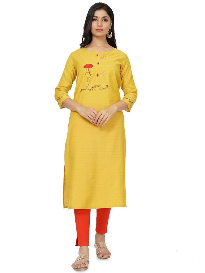 yellow cotton straight kurta - 17467004 - Zoom Image - 0
