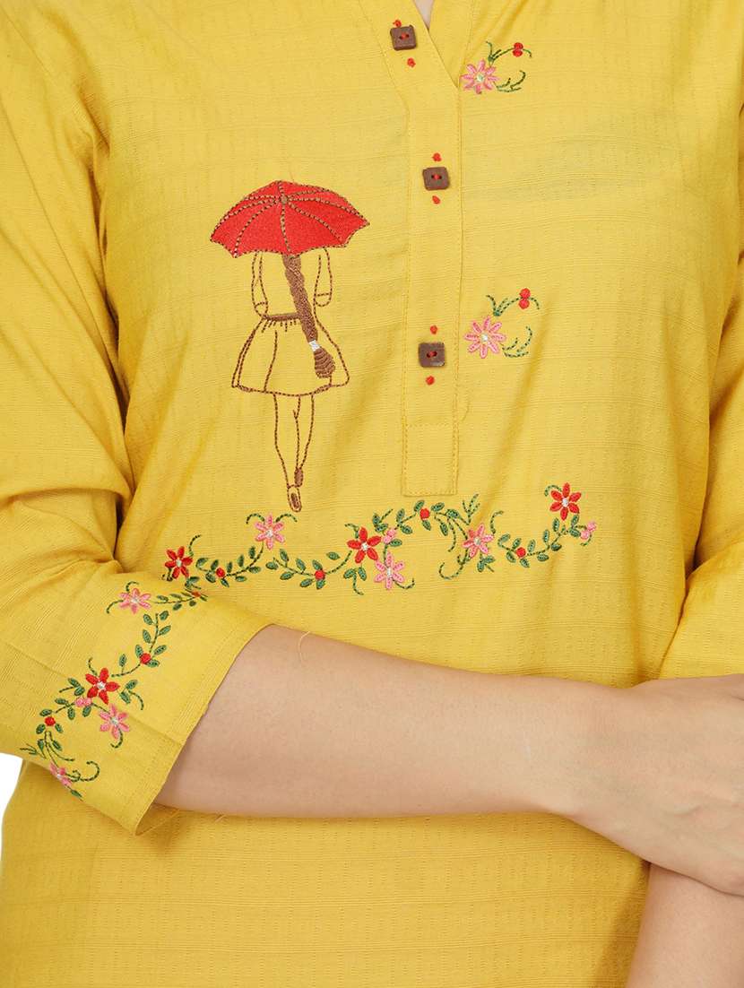 yellow cotton straight kurta - 17467004 - Standard Image - 3