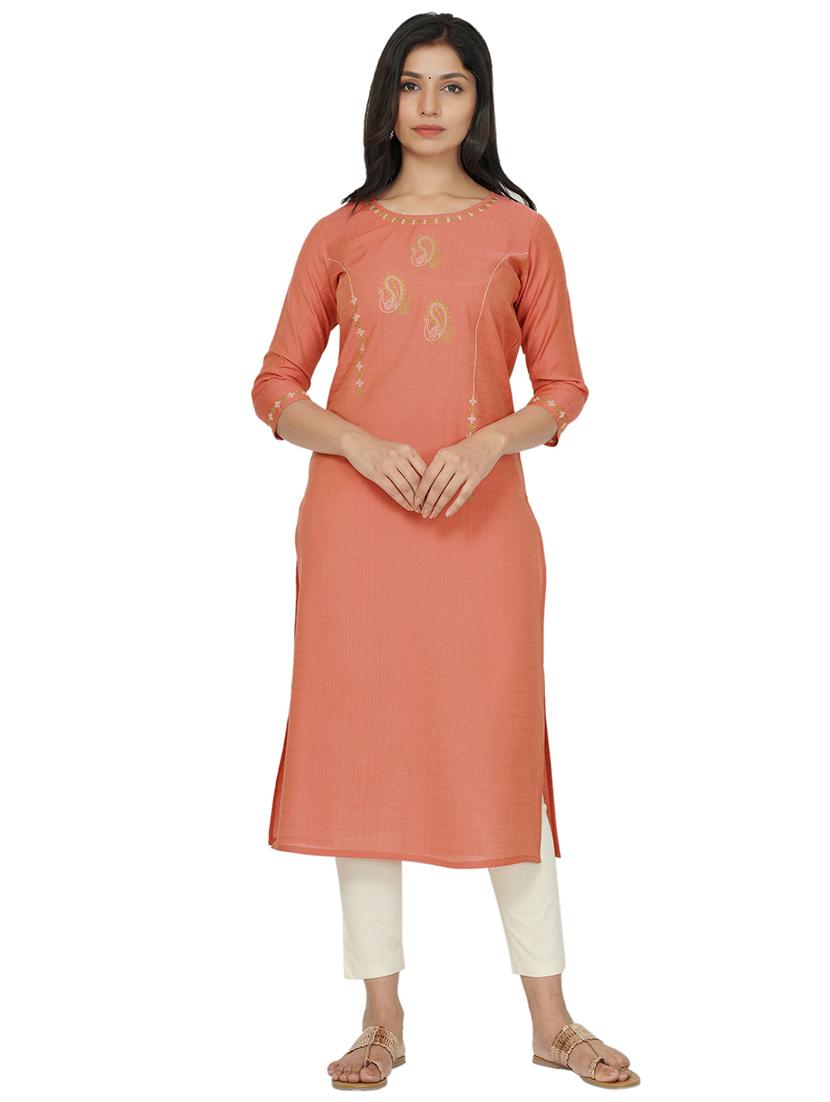 peach cotton straight kurta - 17467005 -  Zoom Image - 0