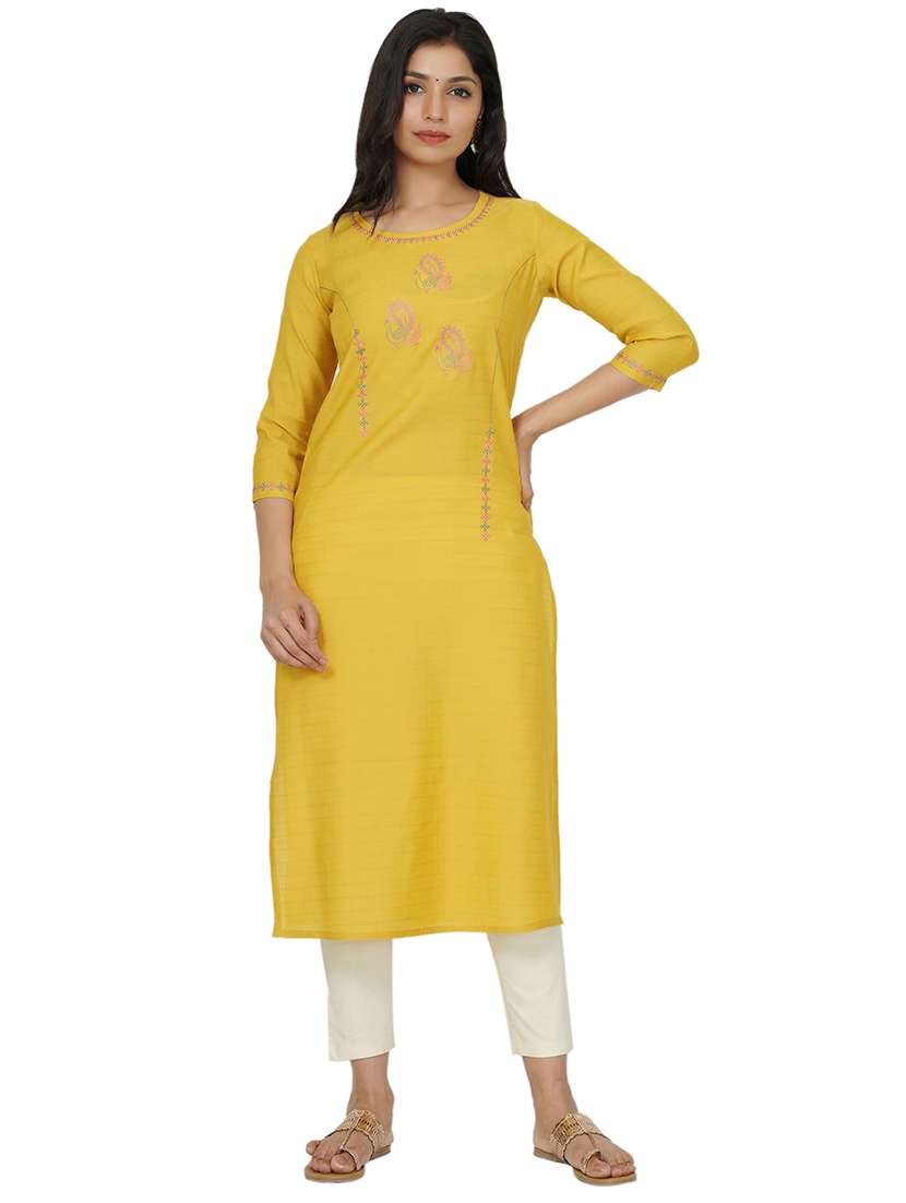yellow cotton straight kurta - 17467007 - Zoom Image - 0
