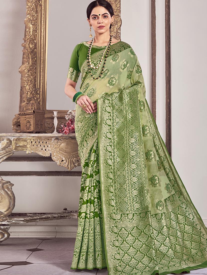 women's self design olive colored saree with blouse