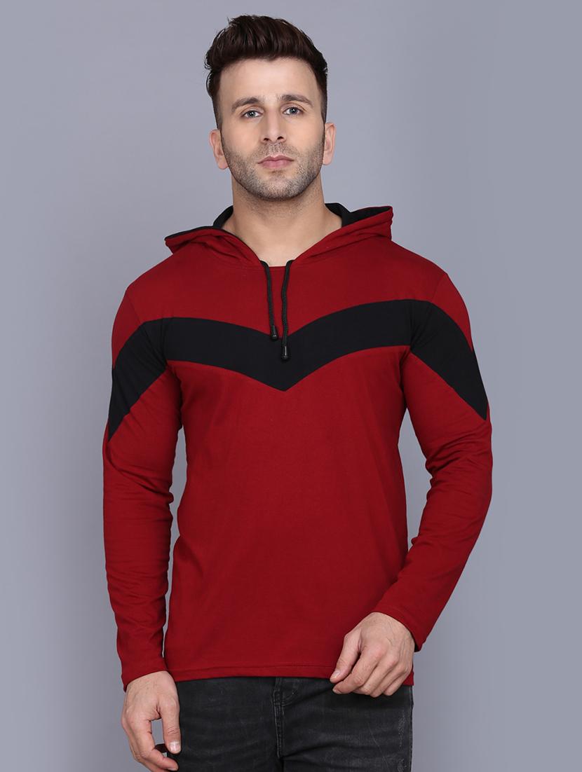 maroon color block cut & sew hooded t-shirt - 17468568 -  Zoom Image - 0