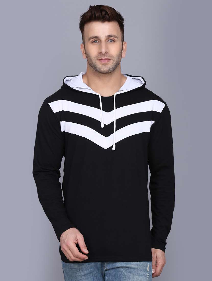 black color block cut & sew hooded t-shirt