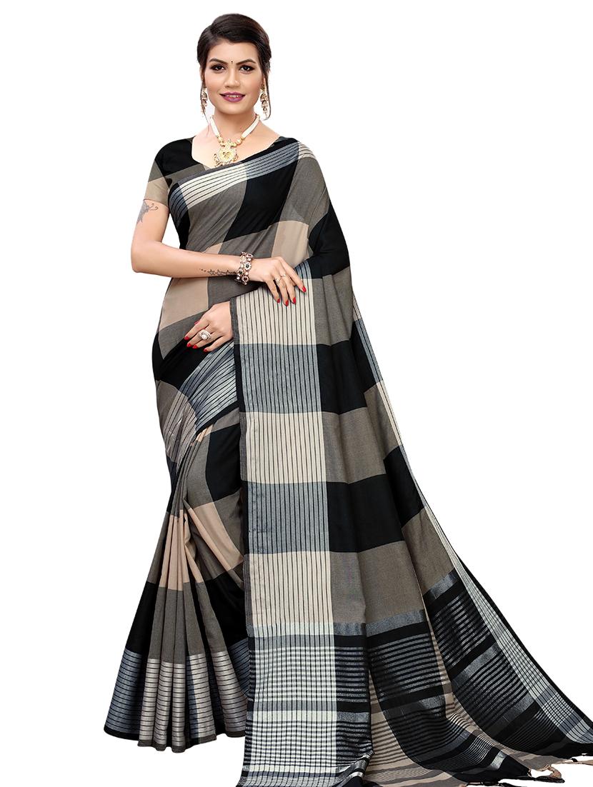 checkered woven saree with blouse - 17470438 - Zoom Image - 0