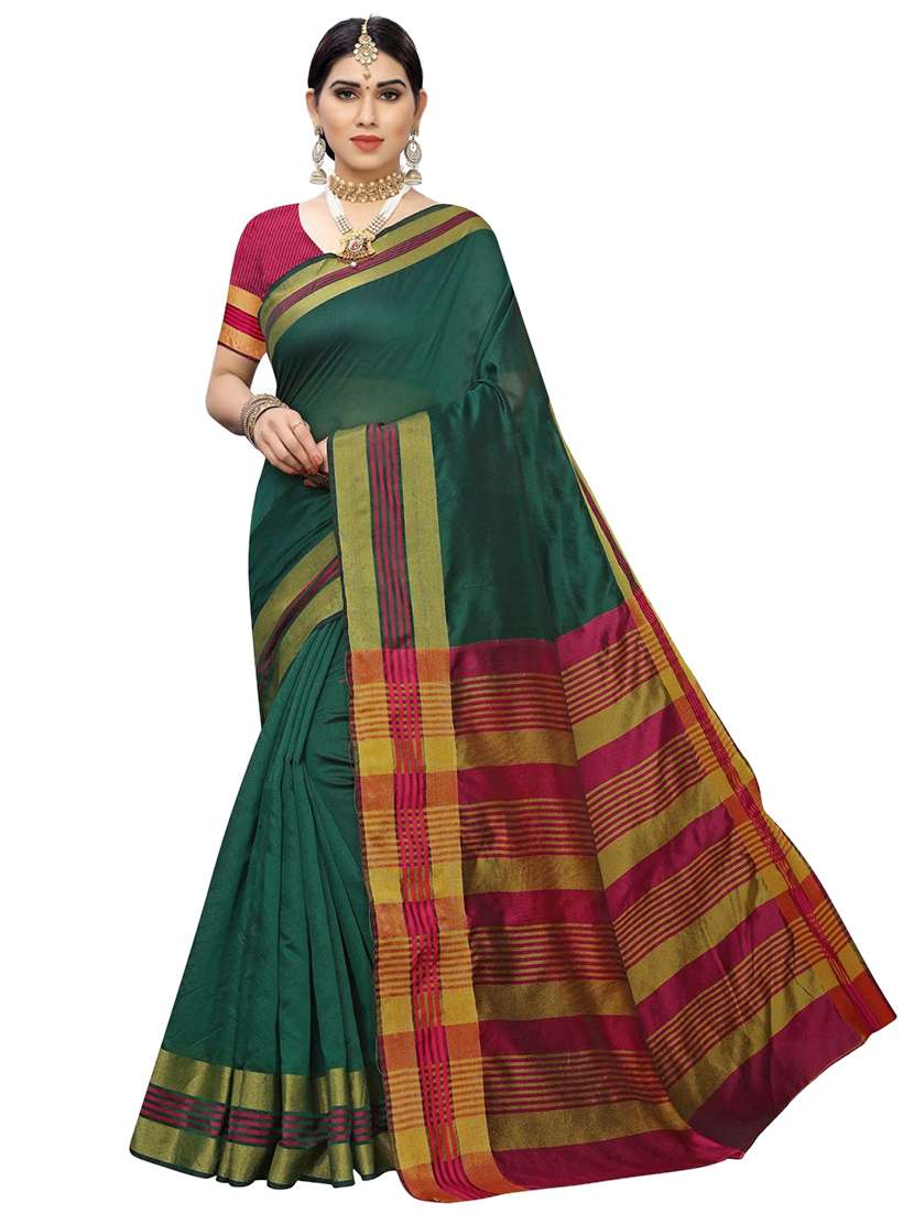 solid bordered woven saree with blouse - 17470458 - Zoom Image - 0