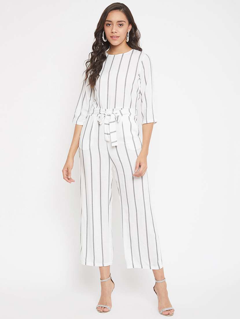tie front striped full leg jumpsuit