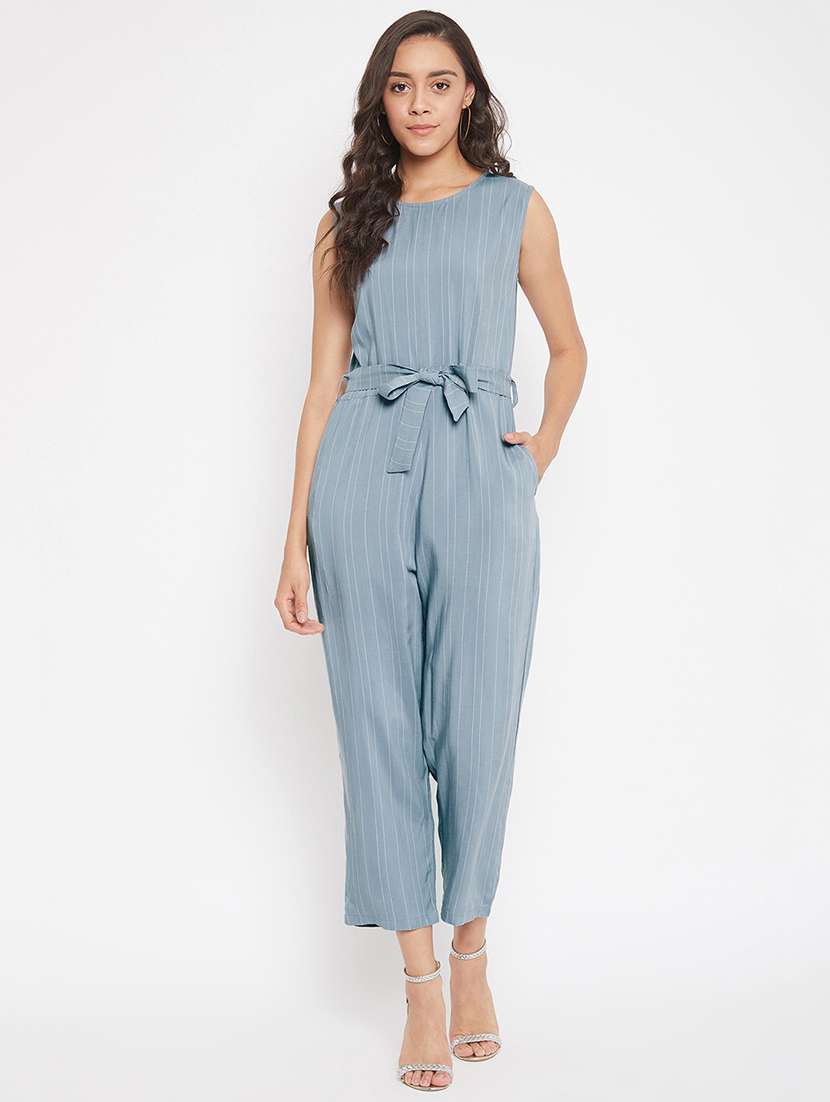 tie front striped full leg jumpsuit