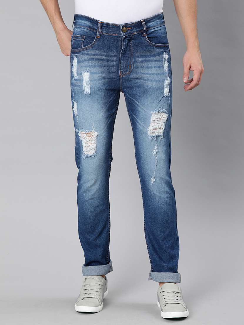 blue washed distressed denim jeans