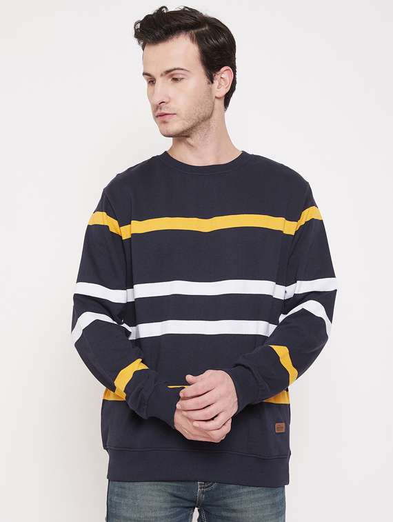 navy and white striped sweatshirt