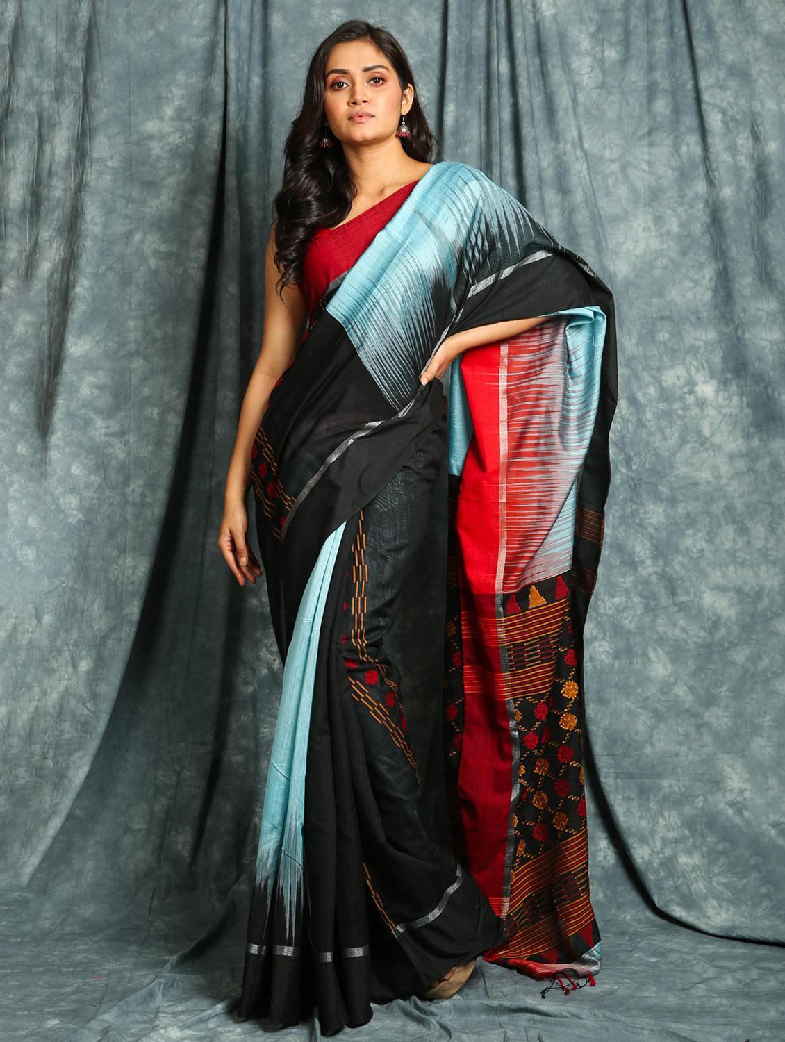 contrast bordered woven saree with blouse - 17482427 - Zoom Image - 0