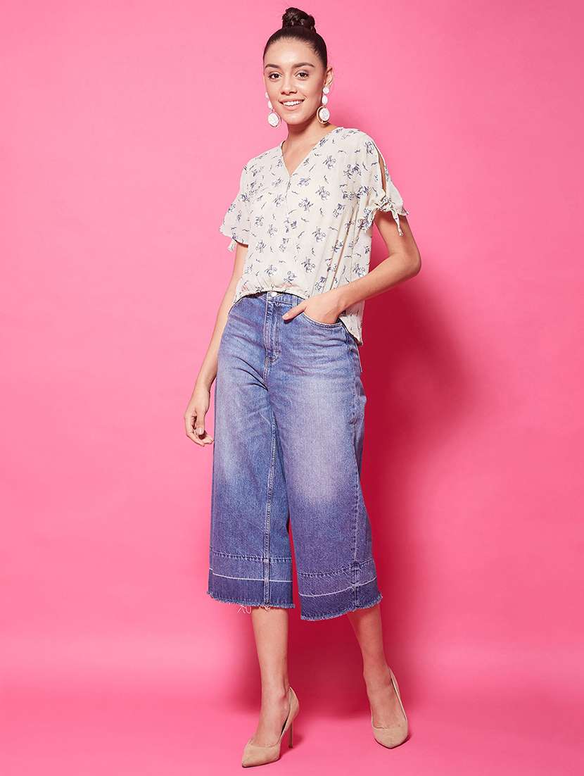 Women Printed Overlap Neck High Low Top