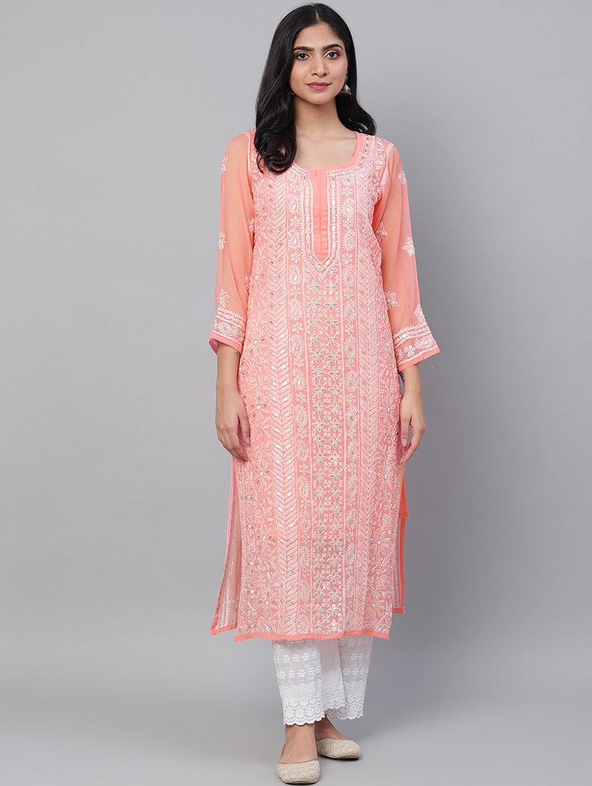 ada hand embroidered peach chikankari kurta with gota patti work & matching slip - 17484778 -  Zoom Image - 0