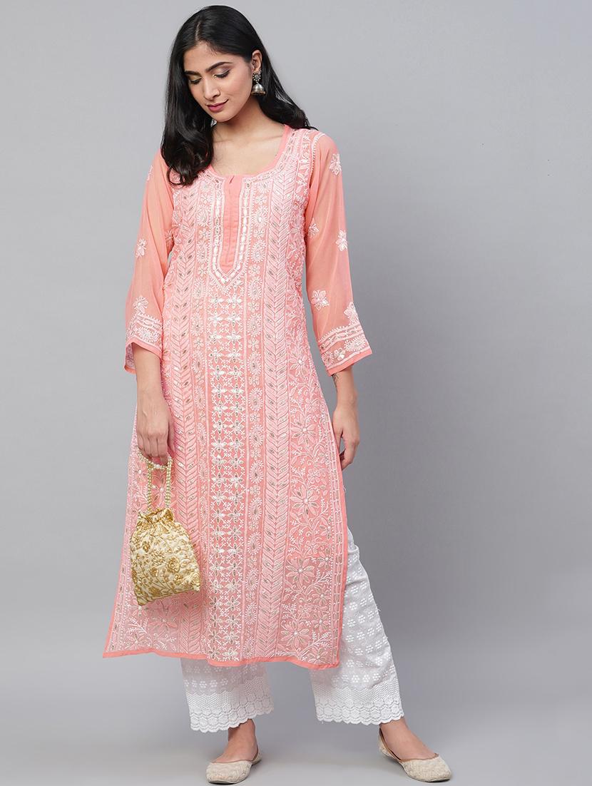 ada hand embroidered peach chikankari kurta with gota patti work & matching slip - 17484778 -  Standard Image - 3