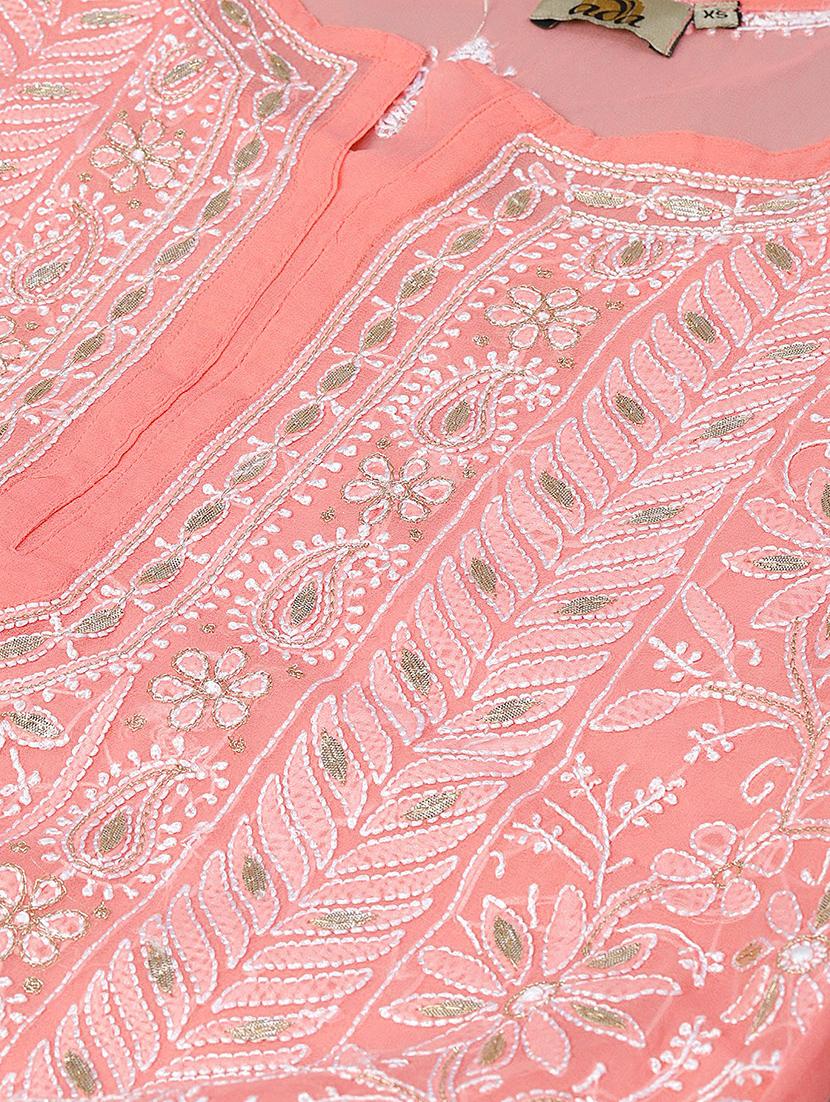 ada hand embroidered peach chikankari kurta with gota patti work & matching slip - 17484778 - Standard Image - 5