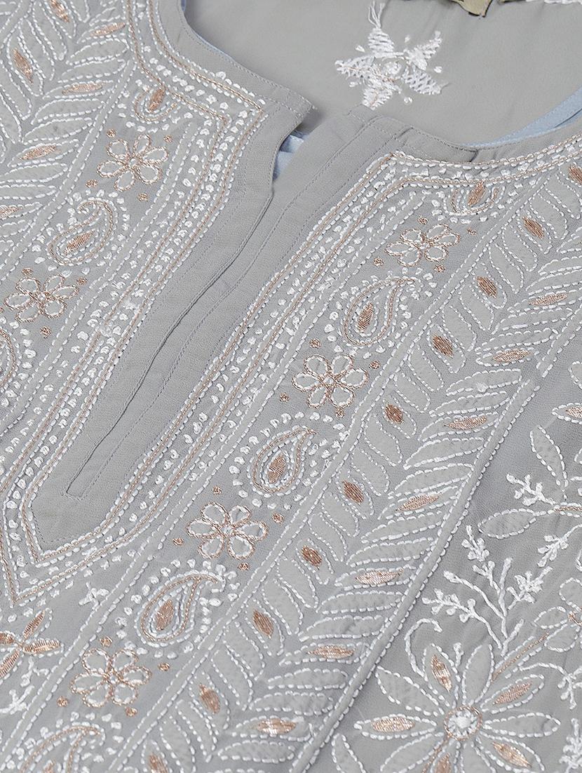 ada hand embroidered grey chikankari kurta with gota patti work & matching slip - 17484779 - Standard Image - 5