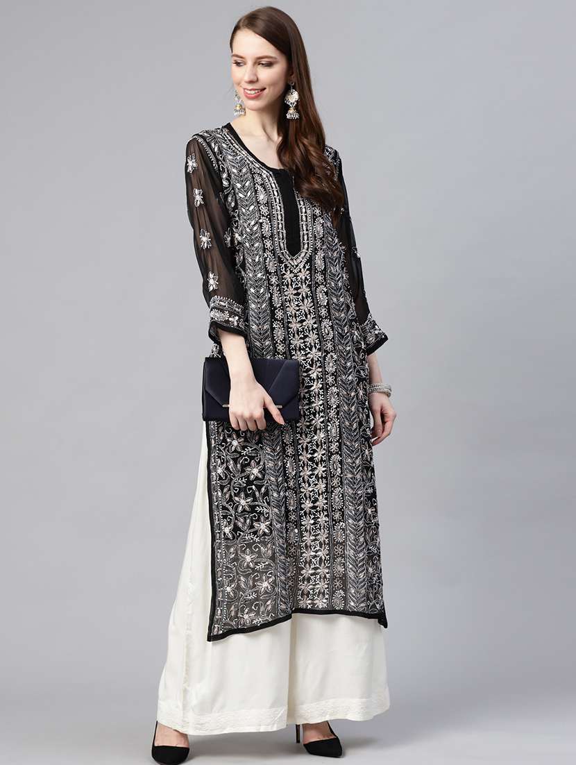 ada hand embroidered black chikankari kurta with gota patti work & matching slip - 17484780 -  Standard Image - 3