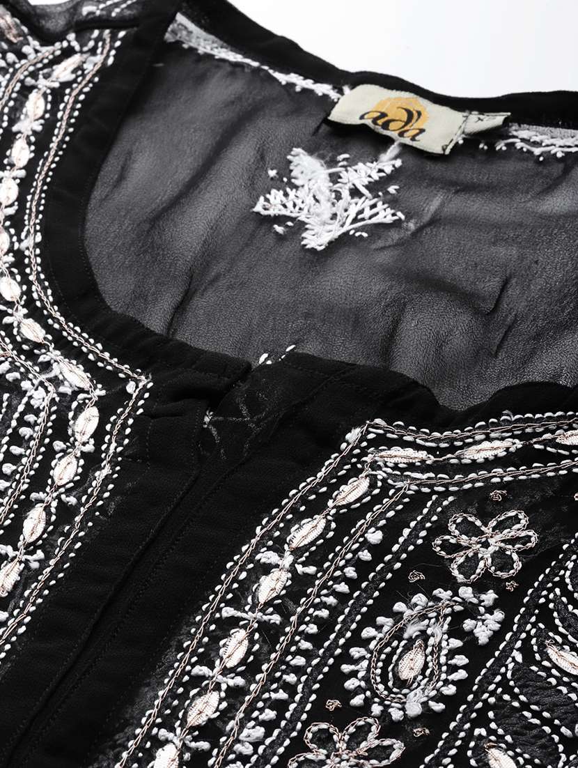 ada hand embroidered black chikankari kurta with gota patti work & matching slip - 17484780 -  Standard Image - 5