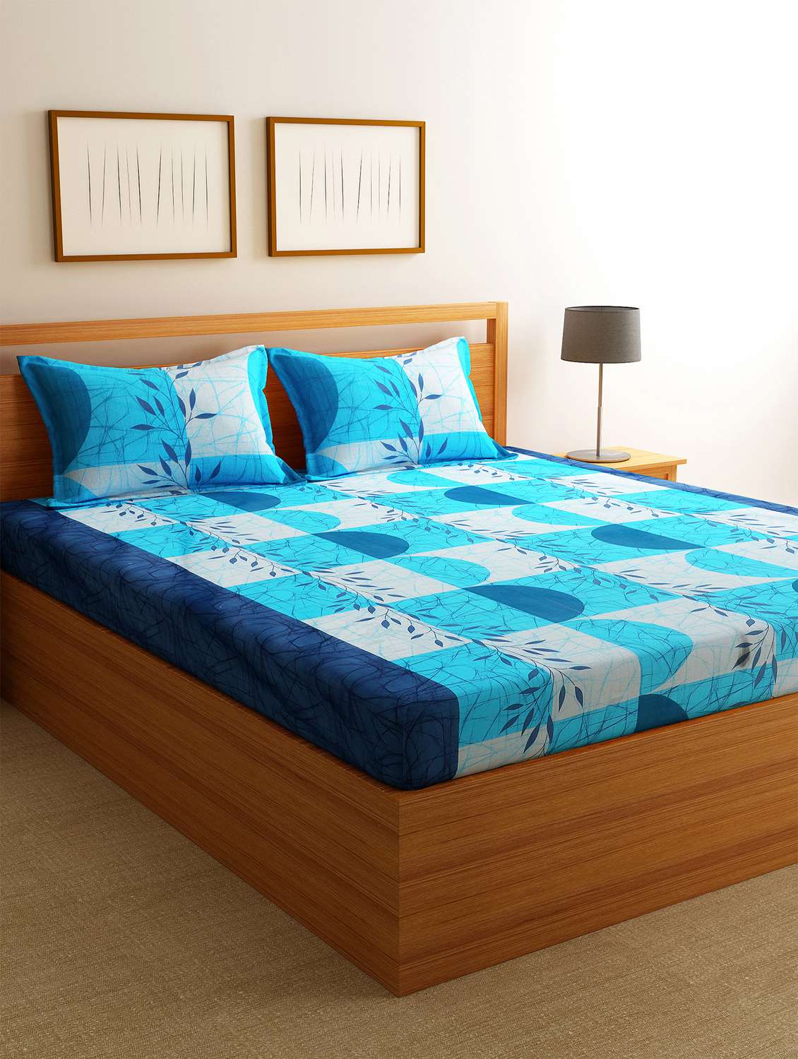 florida cotton 144 tc double bedsheet (blue, floral)