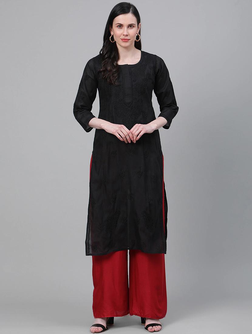 ada hand embroidered black cotton lucknow chikankari kurta - 17493039 - Zoom Image - 0
