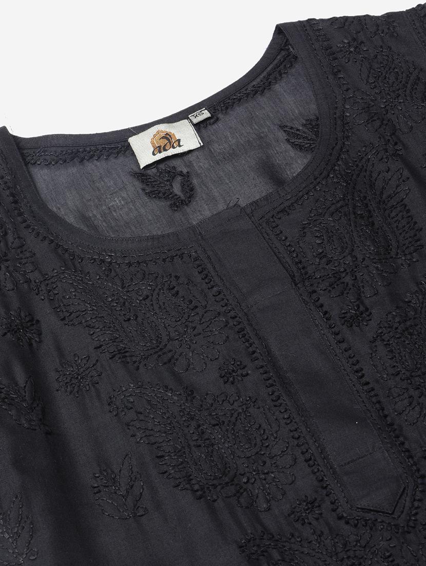 ada hand embroidered black cotton lucknow chikankari kurta - 17493039 - Standard Image - 3