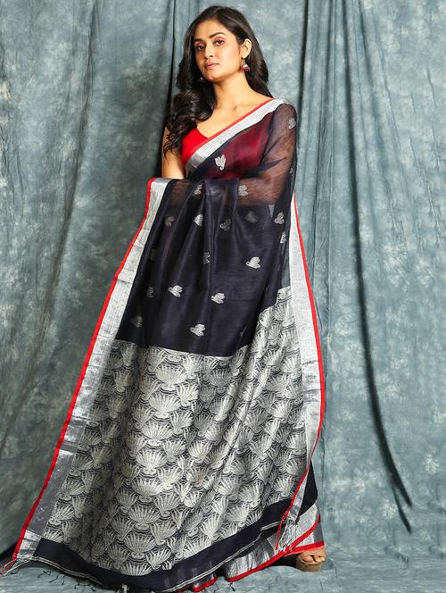 navy linen saree with blouse - 17494846 -  Standard Image - 0