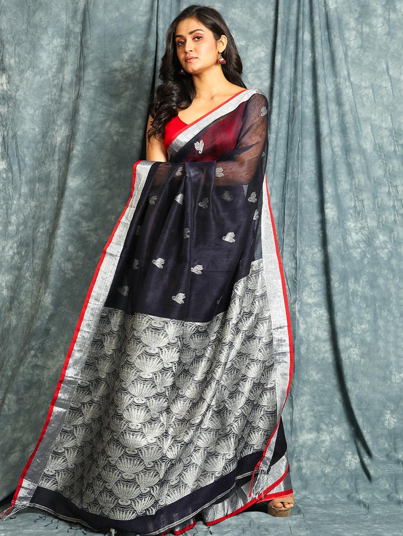 navy linen saree with blouse - 17494846 -  Zoom Image - 0
