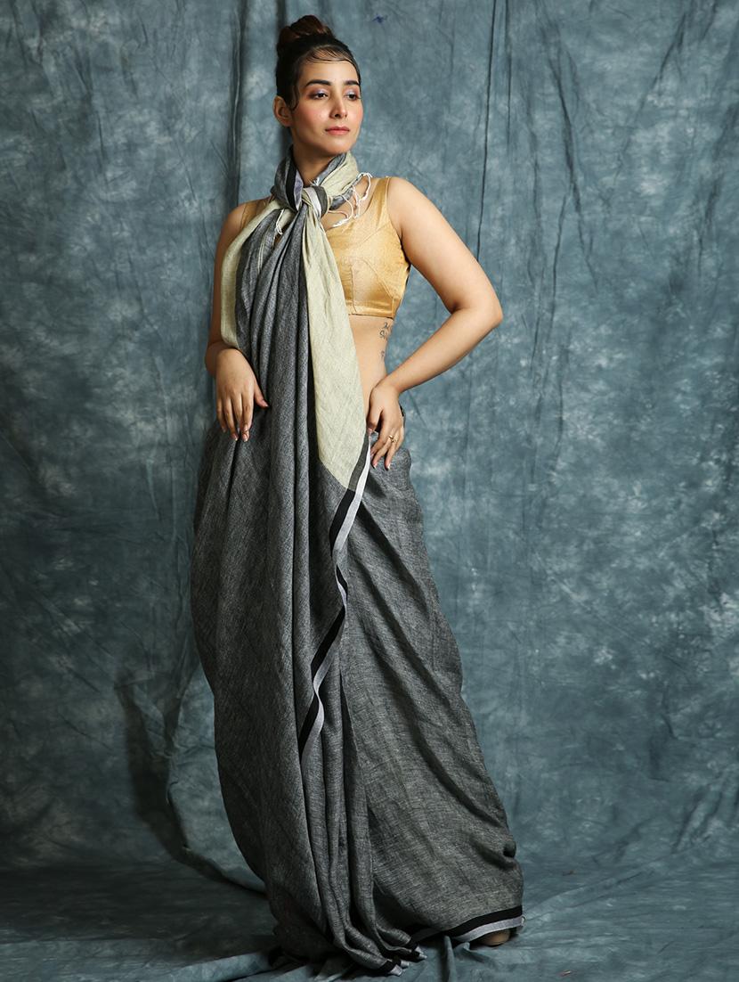 solid woven saree with blouse - 17494850 - Zoom Image - 0