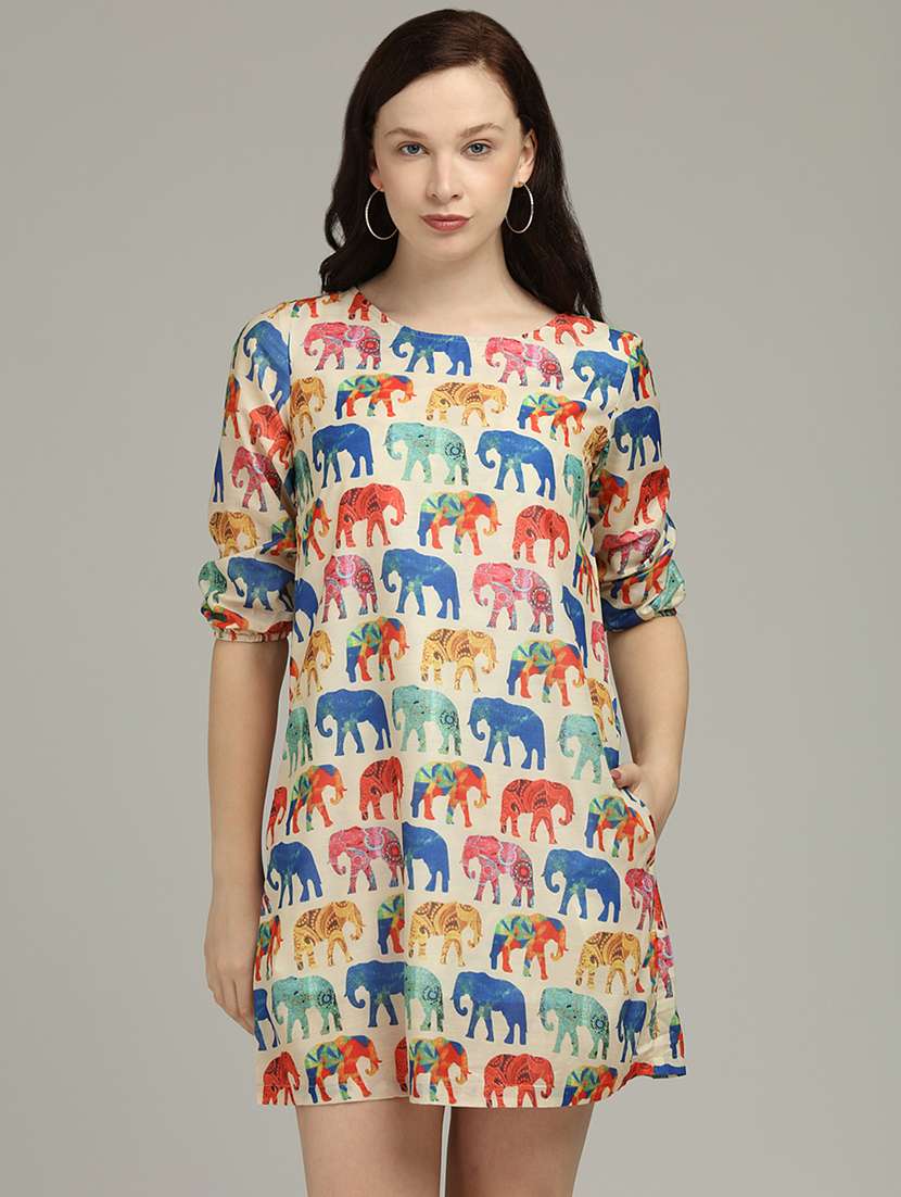 round neck printed a-line dress