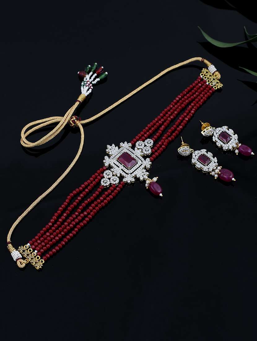 multi layered red brass choker necklaces with earring