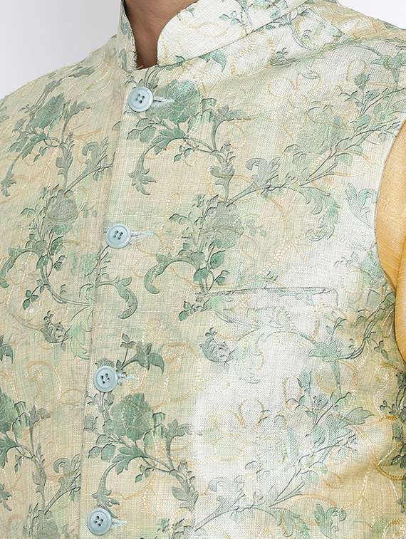 yellow solid pure silk kurta pyjama set with embroidered nehru jacket - 17499020 -  Standard Image - 3