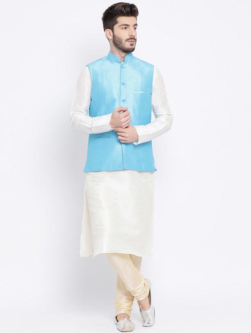 cream dupion kurta pyjama set with blue solid nehru jacket - 17499021 -  Standard Image - 0