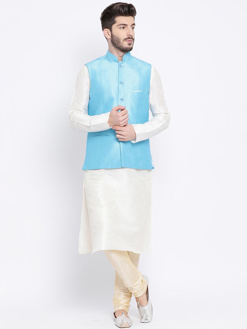 cream dupion kurta pyjama set with blue solid nehru jacket - 17499021 -  Zoom Image - 0