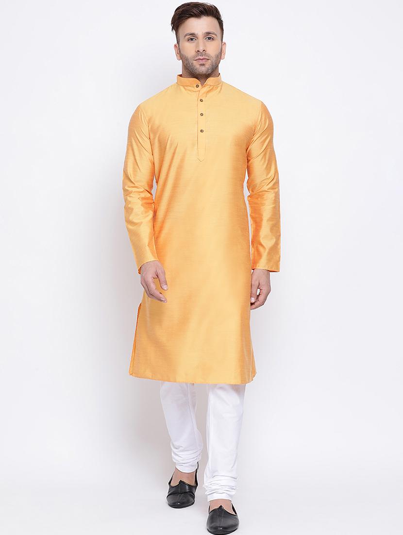 yellow solid pure silk long kurta - 17499027 - Zoom Image - 0