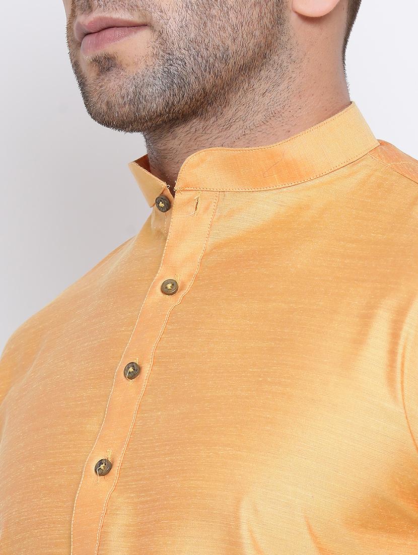 yellow solid pure silk long kurta - 17499027 - Standard Image - 3
