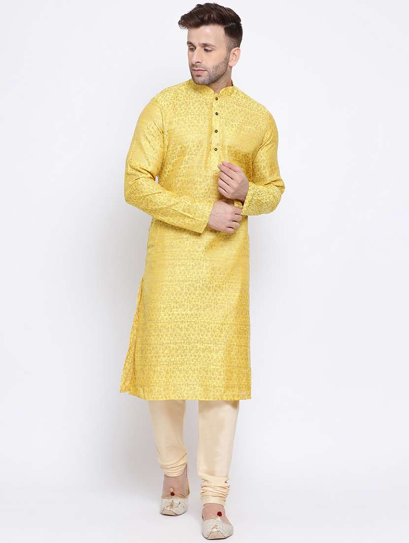 yellow jacquard long kurta - 17499030 - Zoom Image - 0