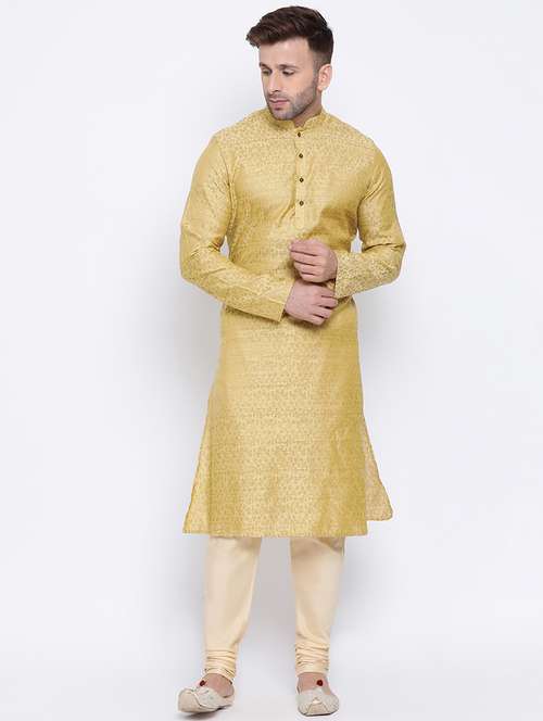 yellow jacquard long kurta - 17499031 - Standard Image - 0