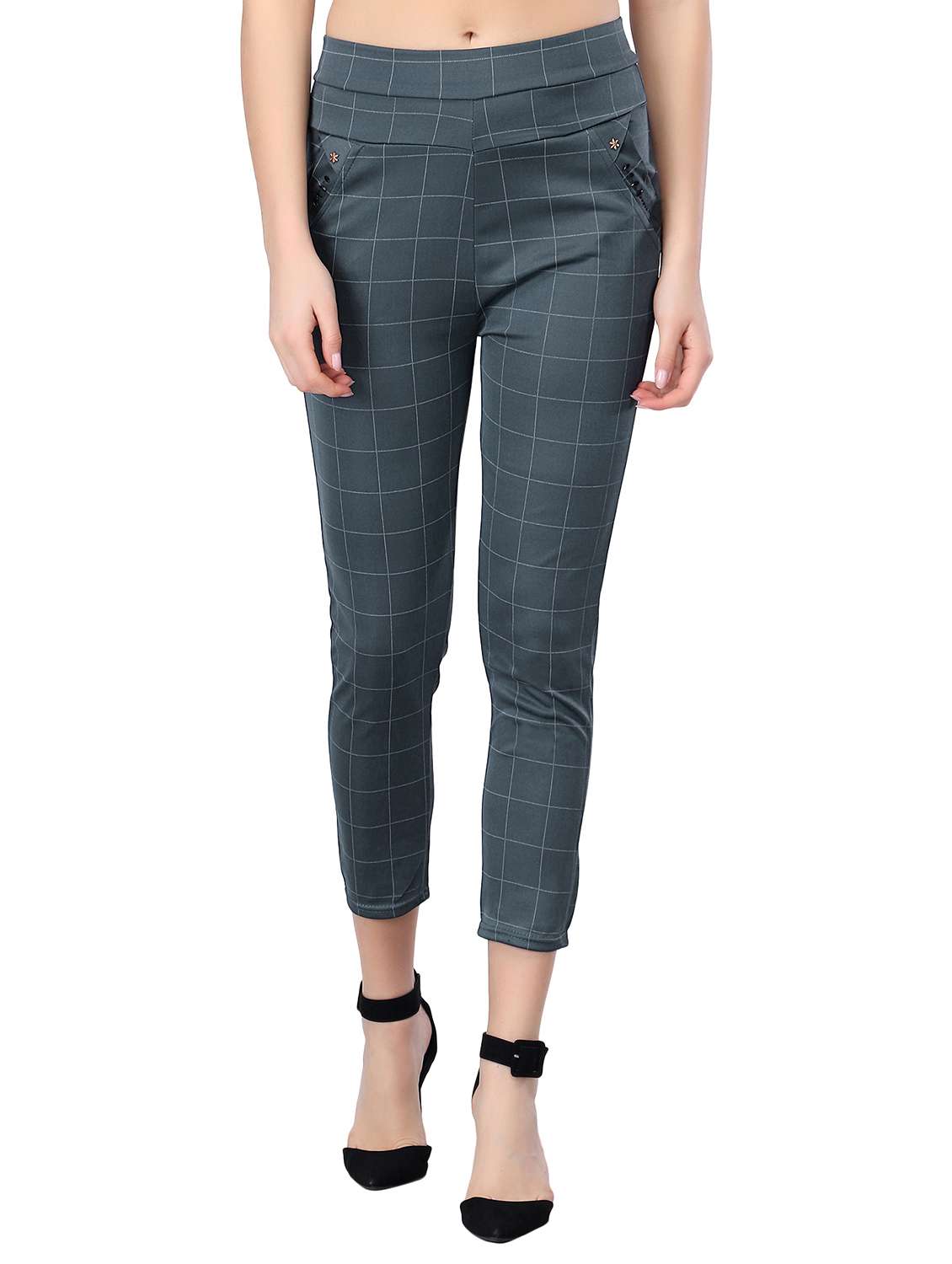 high rise checked flat front trousers 