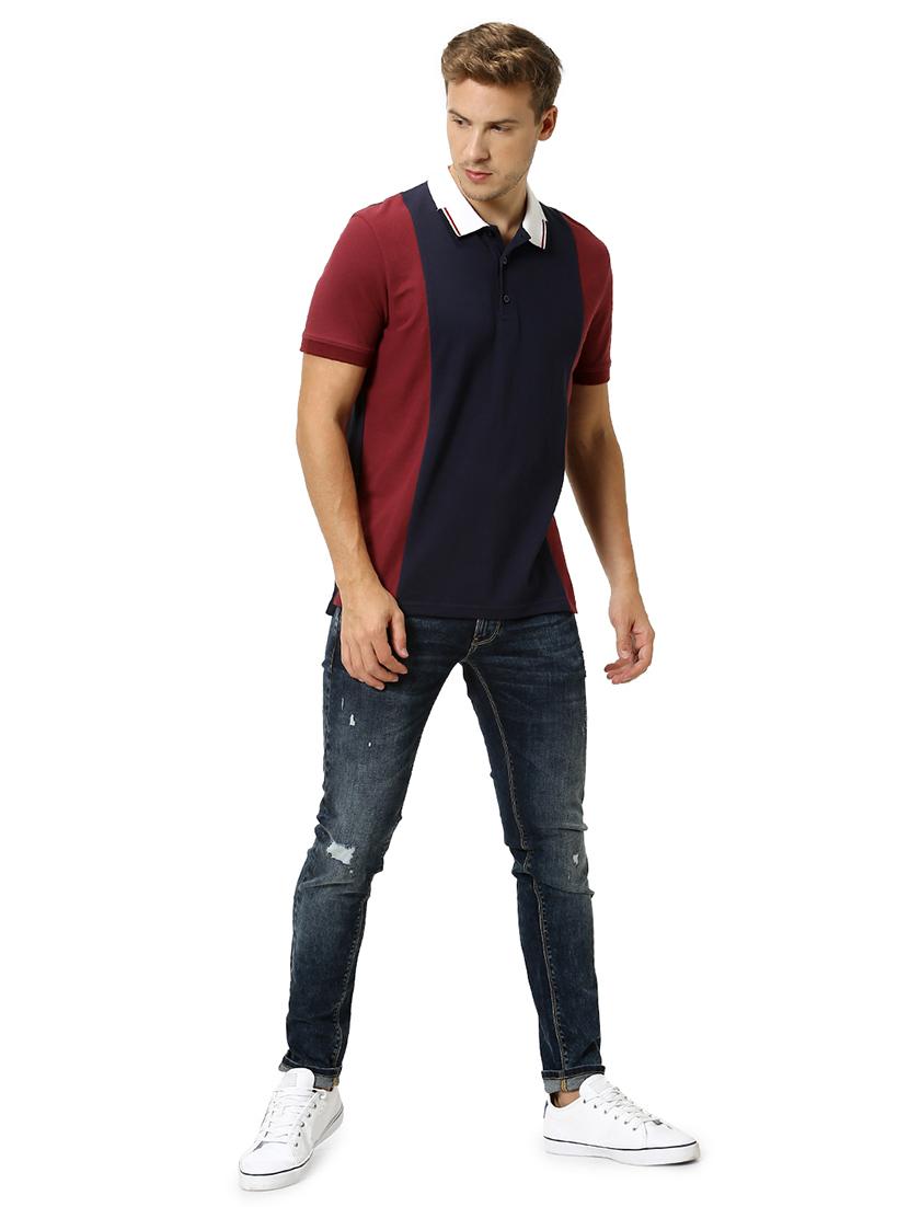 navy blue color block polo t-shirt - 17502596 - Standard Image - 3