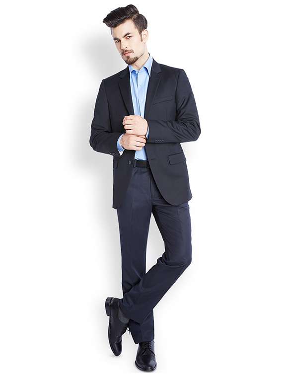 navy blue solid single breasted formal blazer - 17502778 - Standard Image - 3