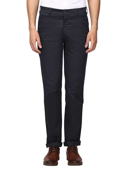 navy blue solid flat front casual trouser - 17503879 -  Standard Image - 0