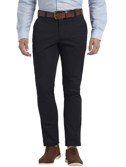 navy blue textured flat front casual trouser - 17503958 - Standard Image - 0