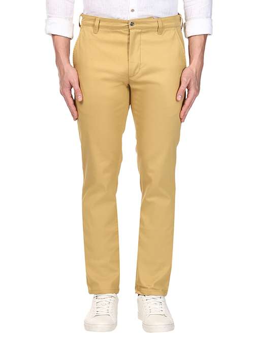 yellow solid flat front casual trouser - 17504025 -  Standard Image - 0