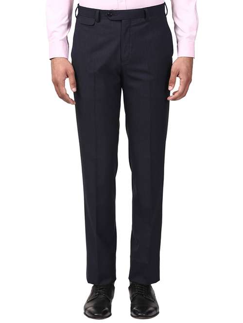 navy blue textured flat front formal trouser - 17504263 - Standard Image - 0