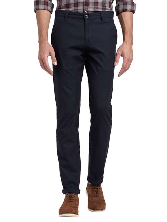 navy blue solid flat front casual trouser - 17504333 -  Zoom Image - 0