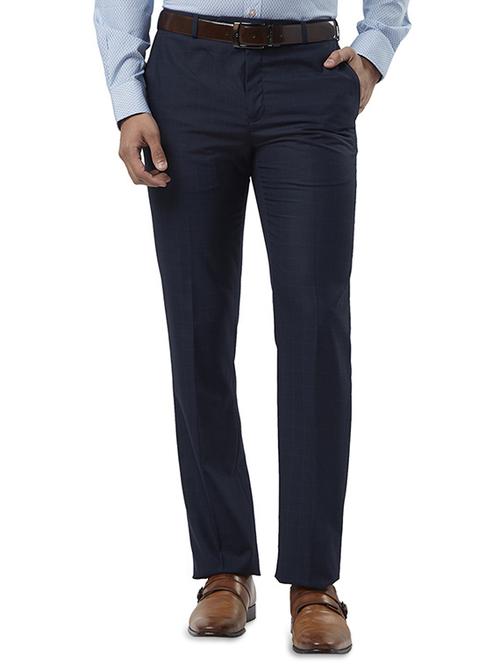 navy blue checkered flat front formal trouser - 17504355 - Standard Image - 0