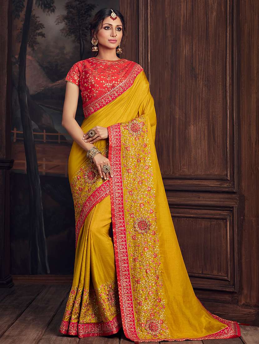 mustard embroidered saree with blouse