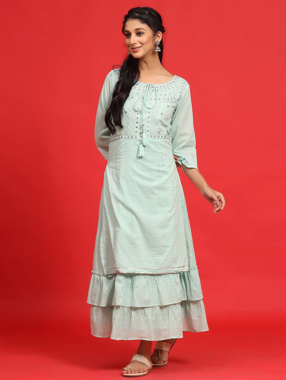 rosewater layered ethnic dress with face mask 