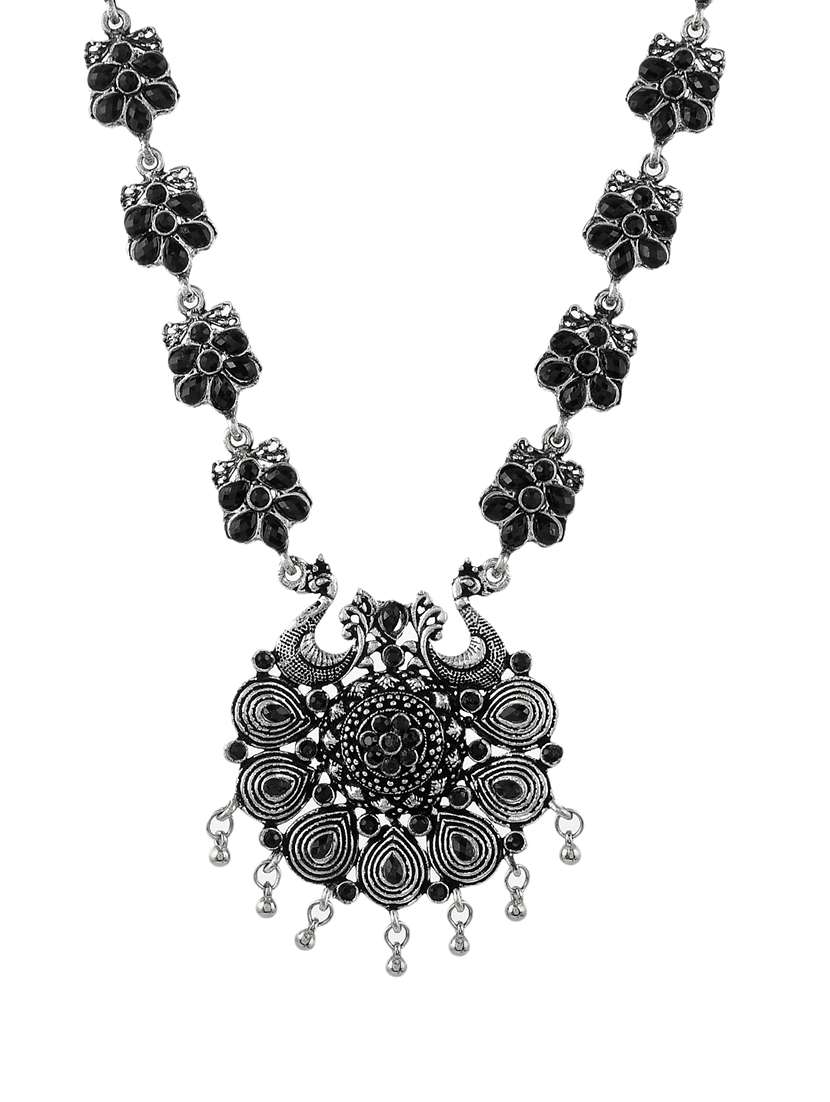 Oxidised Silver Long Necklace With Earring