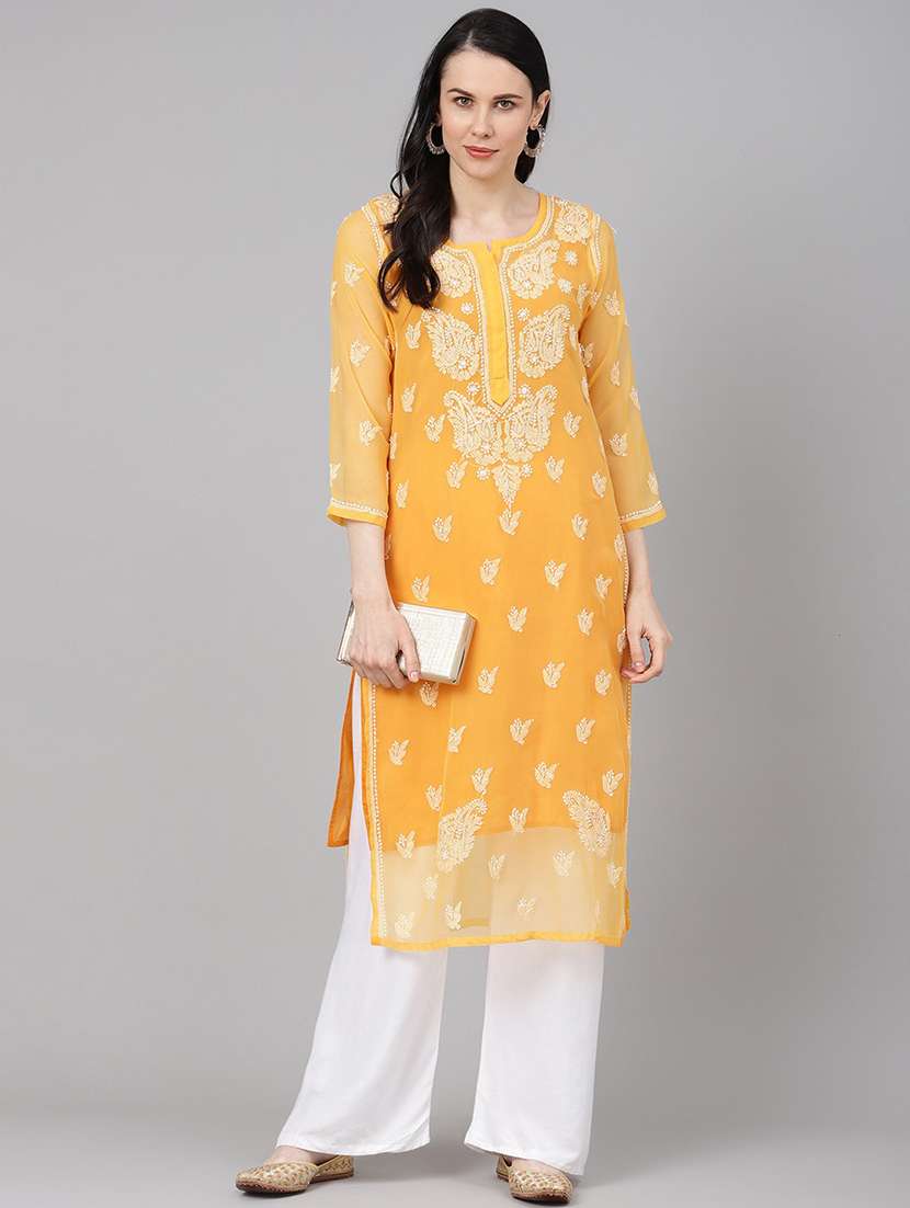 Orange Knee Length Chikankari Kurta For Women