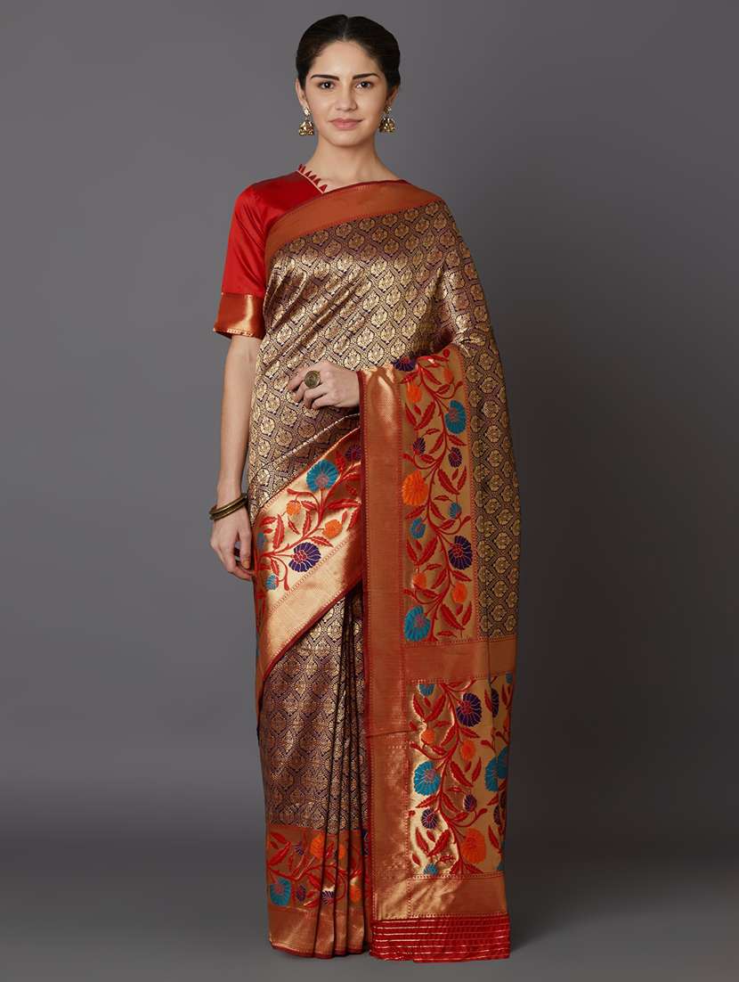 women's self design brown colored saree
